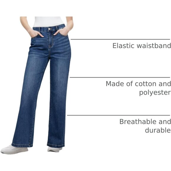 Women's Wide Leg Jeans High Waist Elastic Tummy Control Casual Denim Pants - Picture 4 of 9